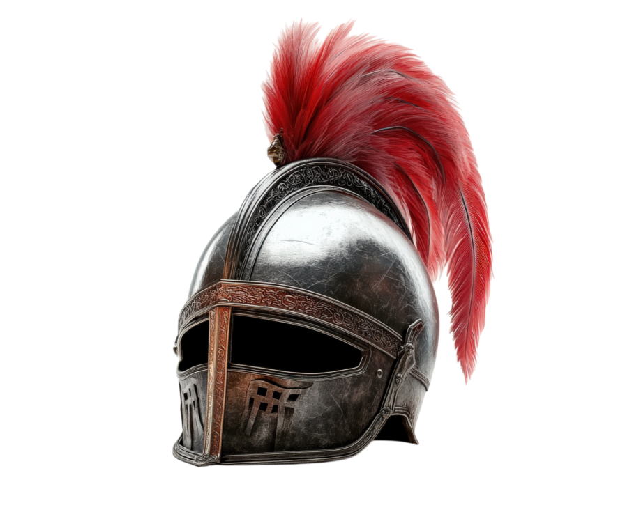 a helmet with red feathers on it