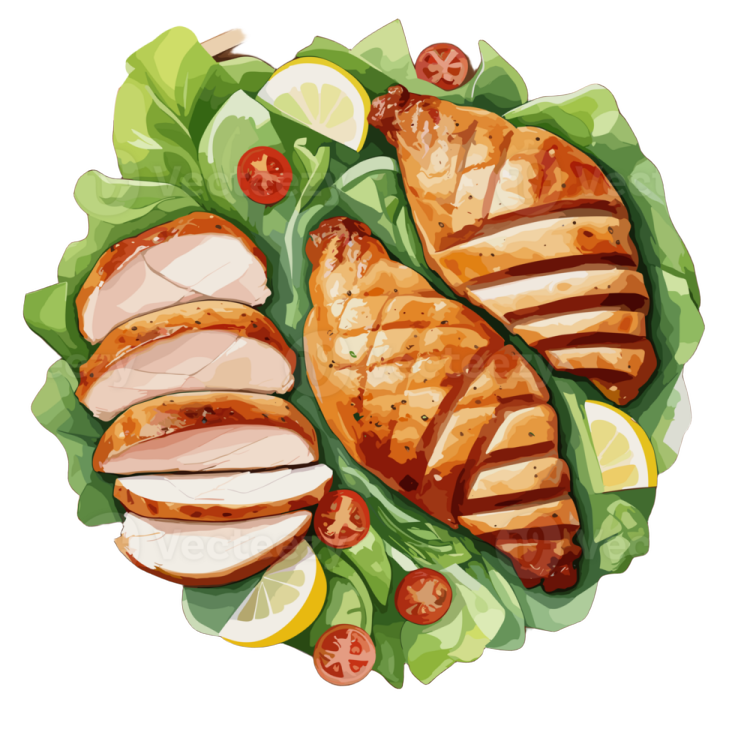 a plate of grilled chicken and salad