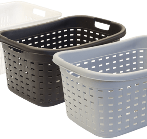 two grey and white plastic baskets