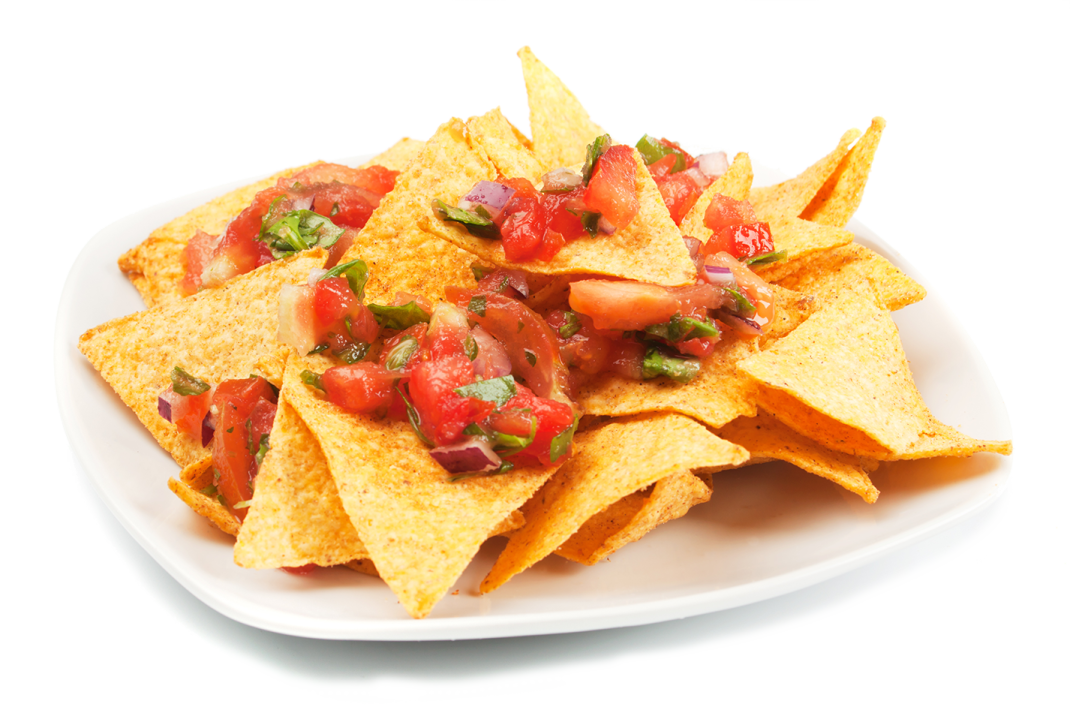 a plate of chips with tomatoes and salsa