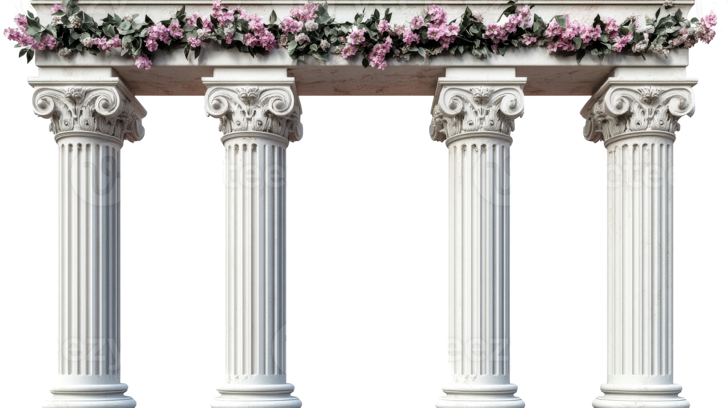 three white columns with pink flowers on them