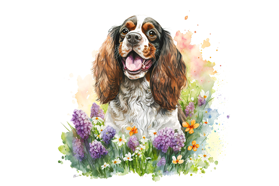 a watercolor painting of a dog with flowers