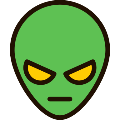 a green alien head with yellow eyes