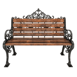 a wooden bench with metal legs and arms