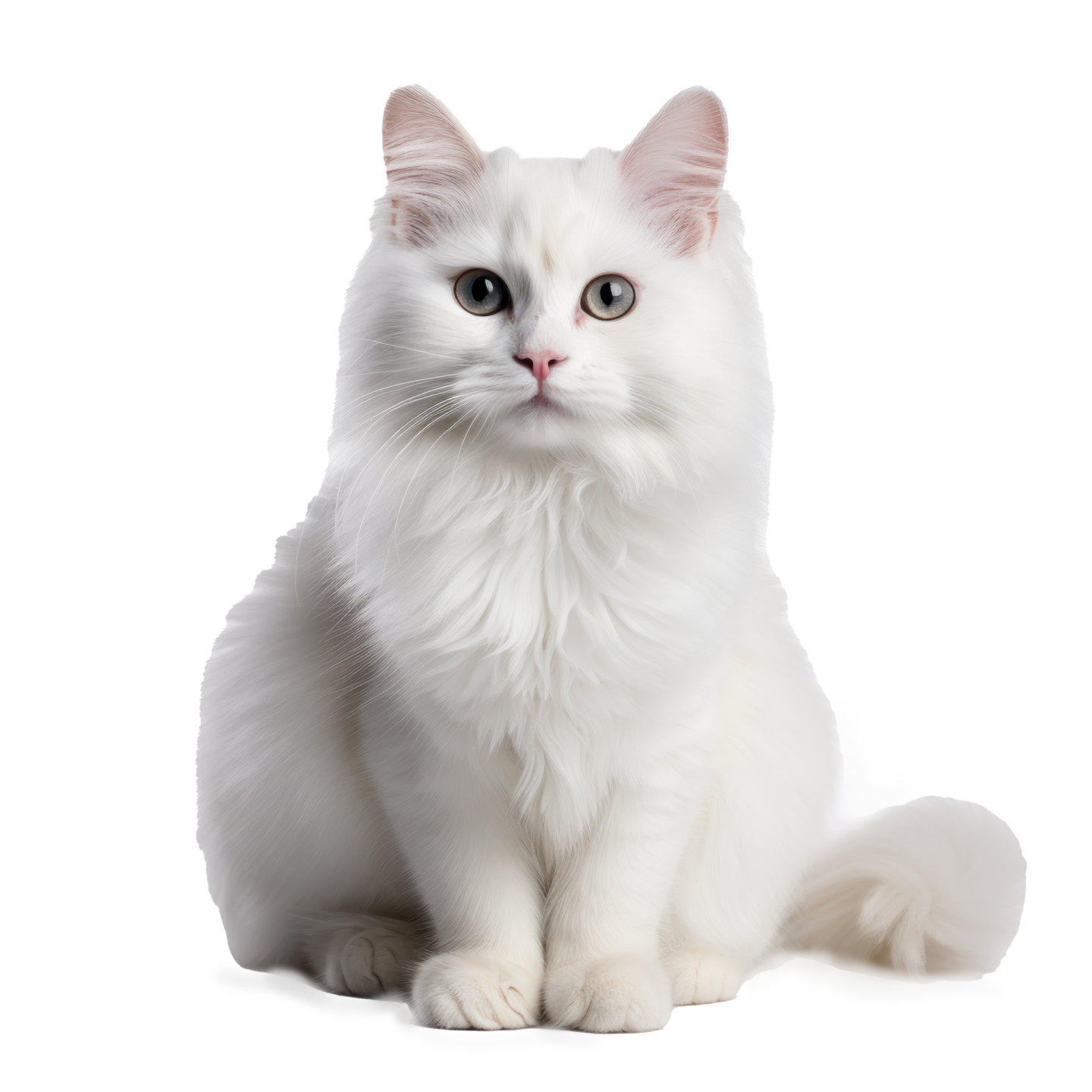 a white cat sitting down looking at the camera