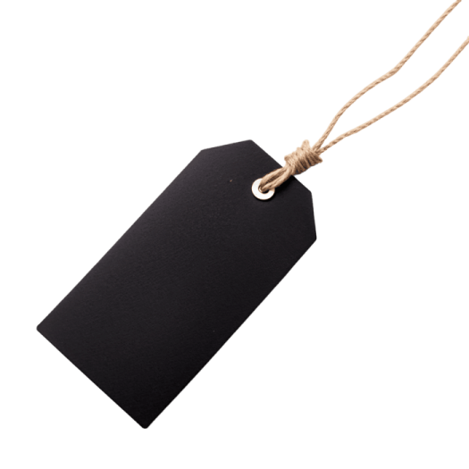 a black tag hanging on a rope