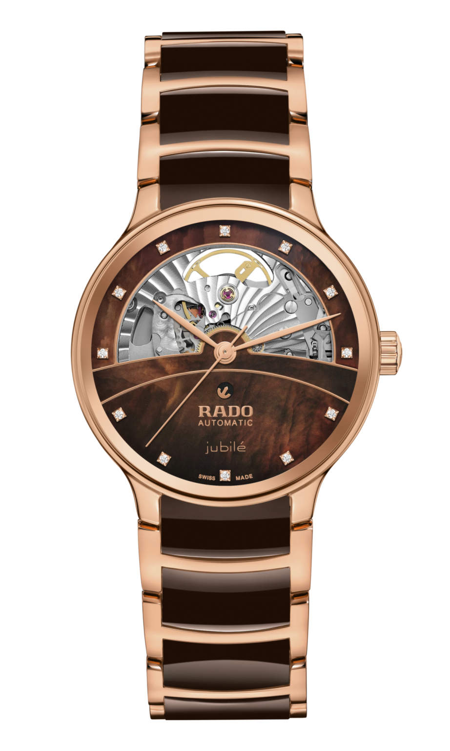 a rose gold watch with a brown dial