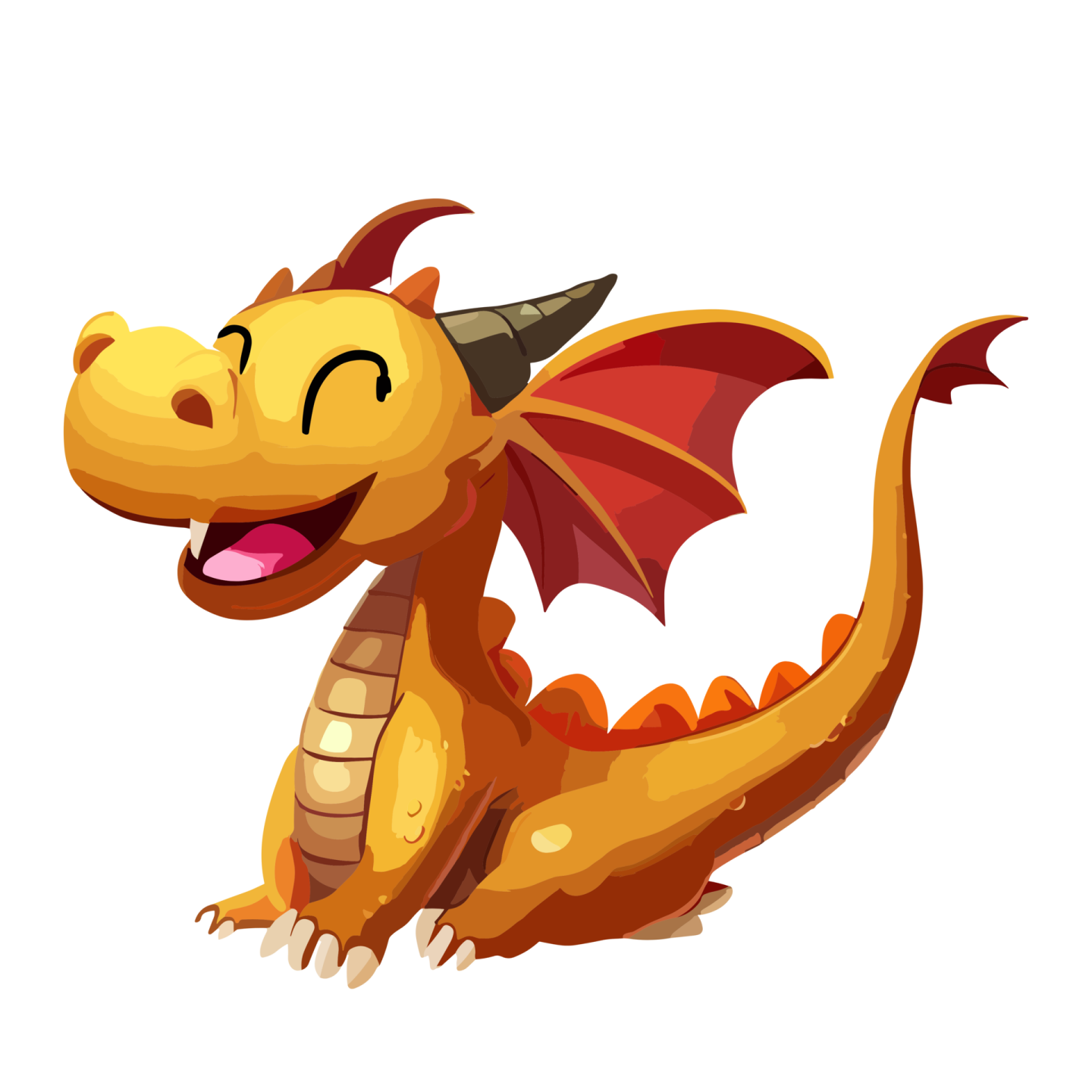 a cartoon yellow dragon with red wings, sitting and smiling