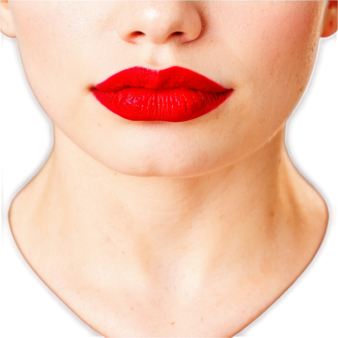 a woman with red lipstick on her face