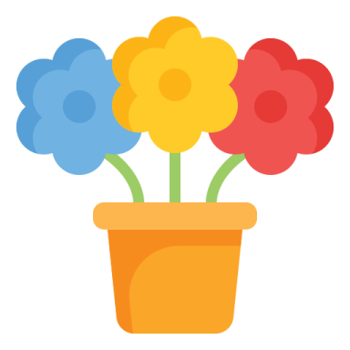 a flower pot with three flowers in it