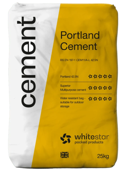 a bag of white cement with yellow and black stripes