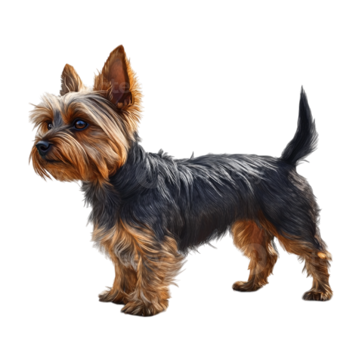 a yorkshire terrier dog standing on a white background