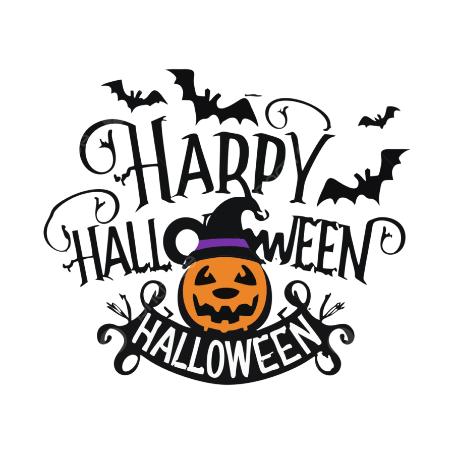 happy halloween lettering with pumpkin and bat