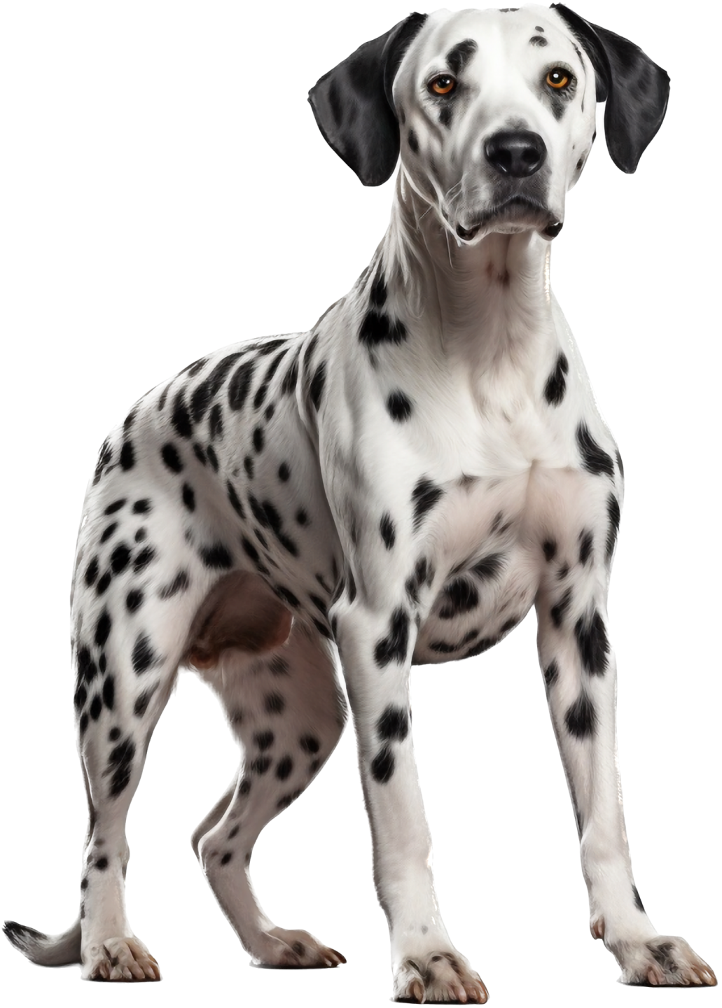 a black and white dog standing on a white background