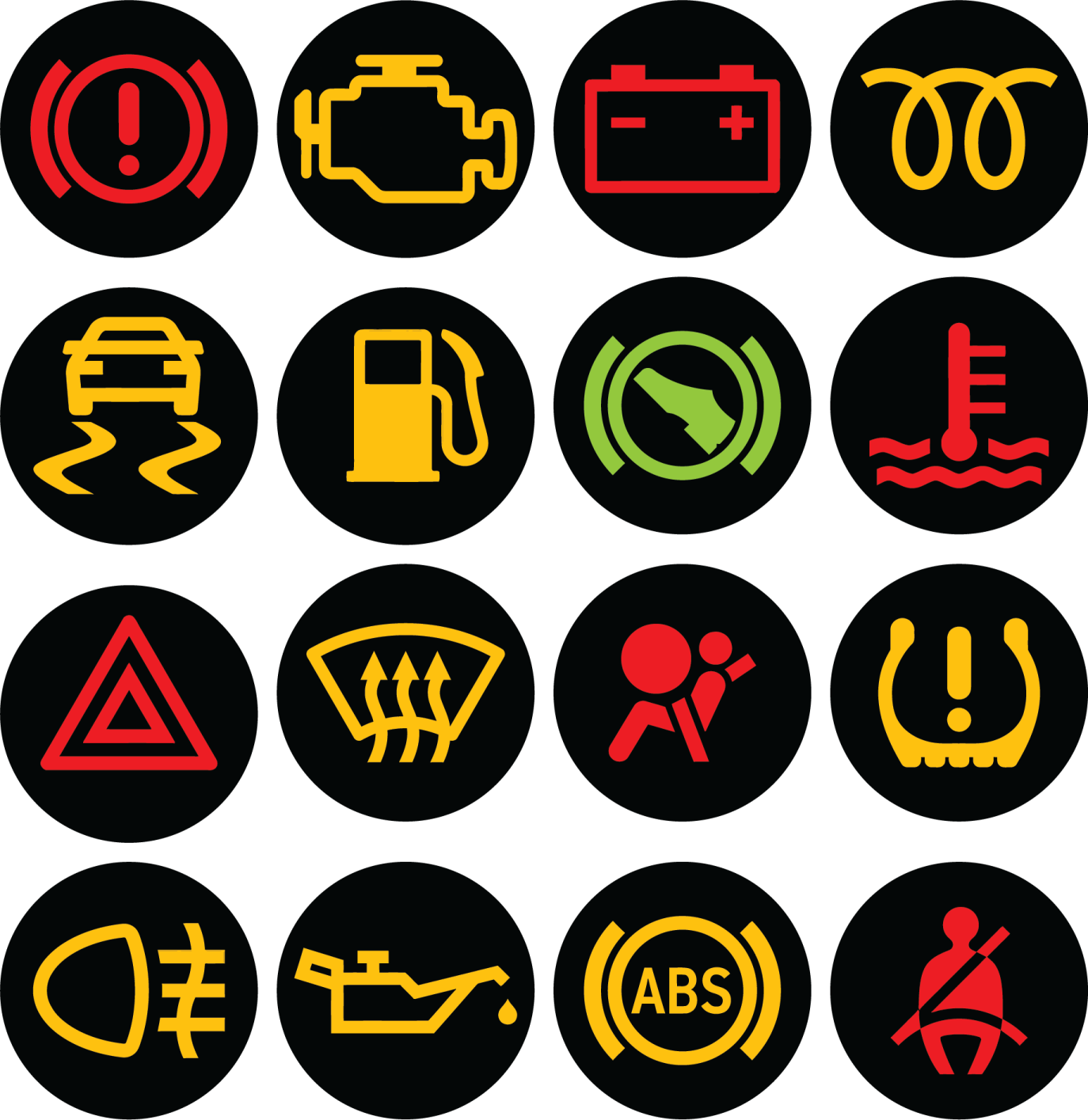 a set of yellow and red icons on black background
