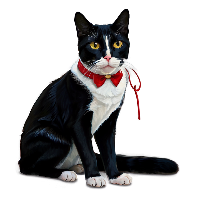 a black and white cat with a red bow