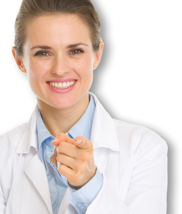 a woman in a white lab coat