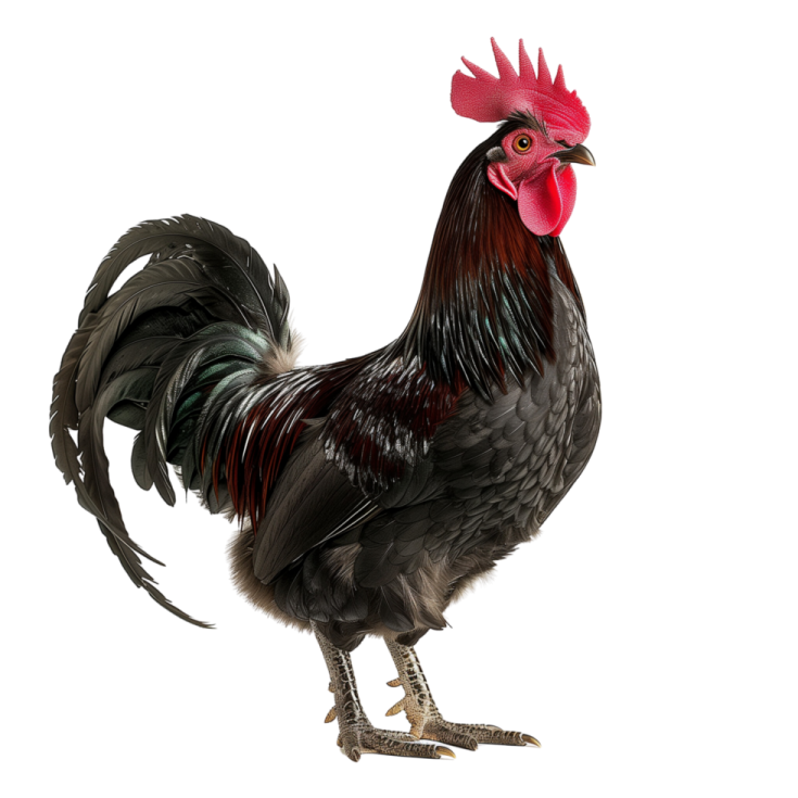 a black and red rooster on a white background