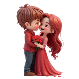 a couple kissing and holding flowers