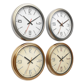 a set of three clocks on a white background
