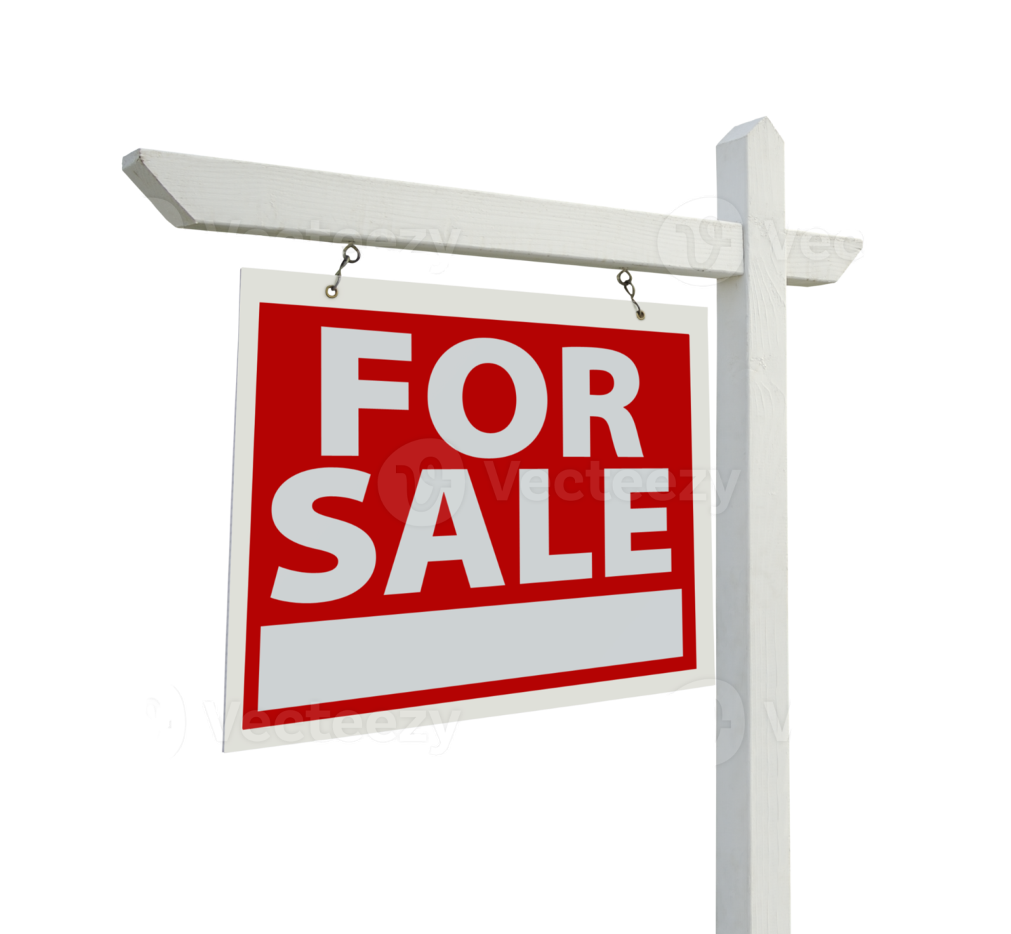 a red and white for sale sign on a white background