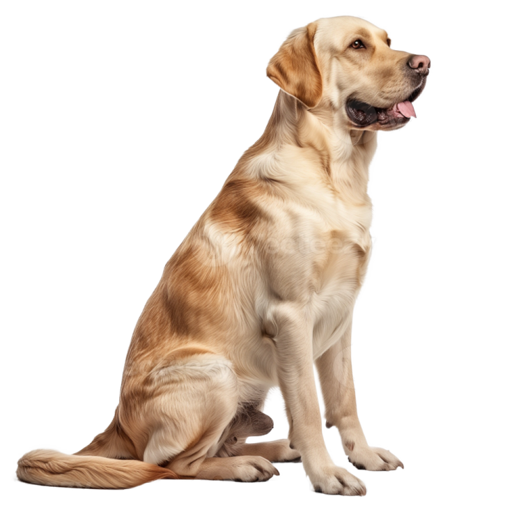 a dog sitting down with its tongue out