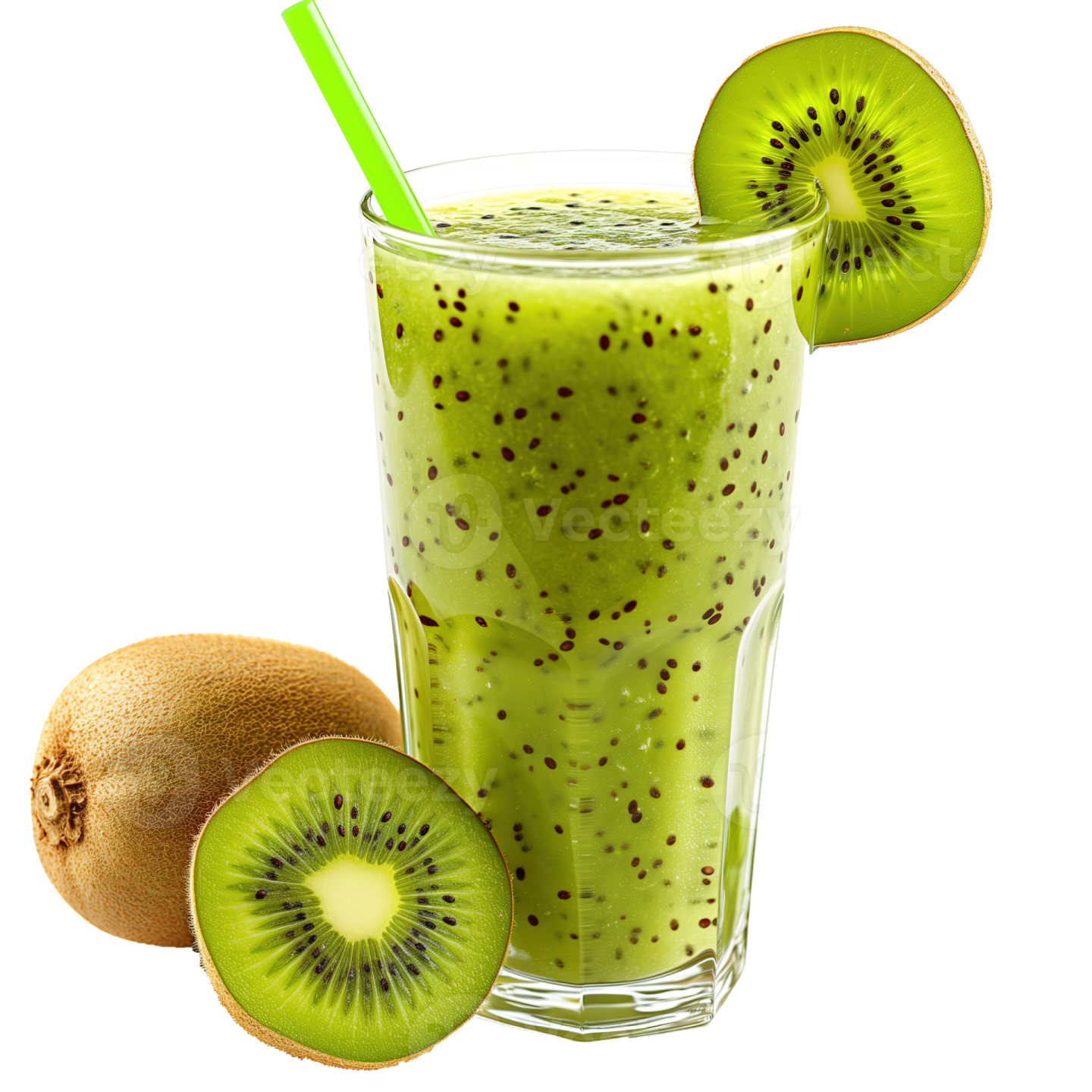 a glass filled with green smoothie next to a kil