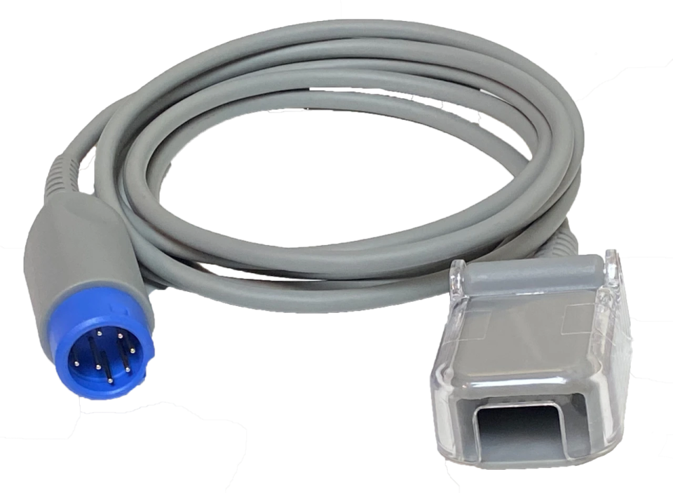 a grey extension cable with a blue connector
