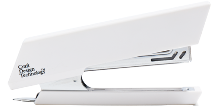 a white business card holder with a logo on it