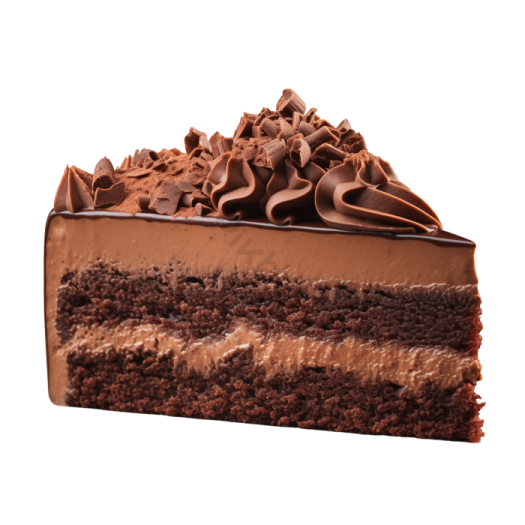 a piece of chocolate cake on a white background