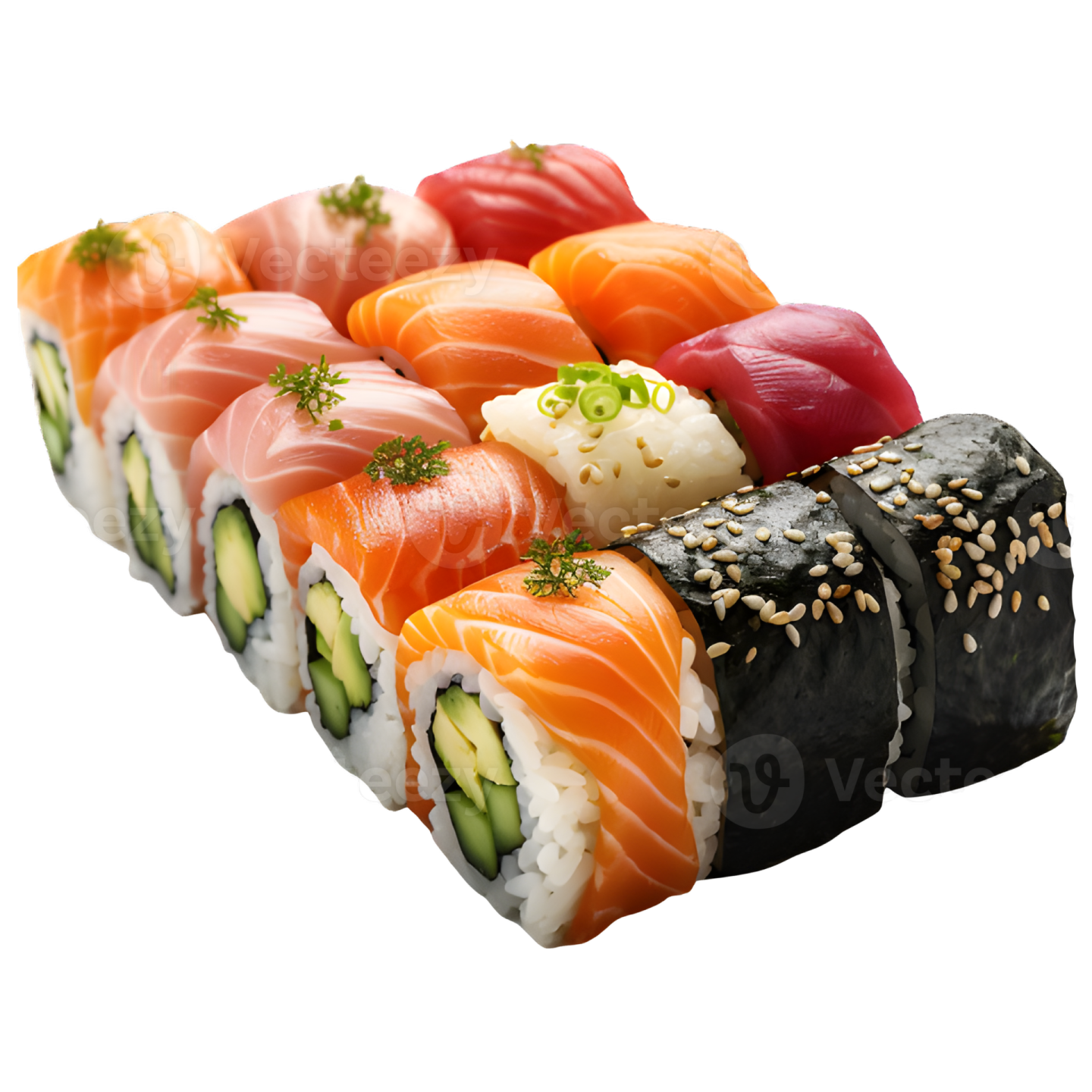 a piece of sui roll with salmon and cuce
