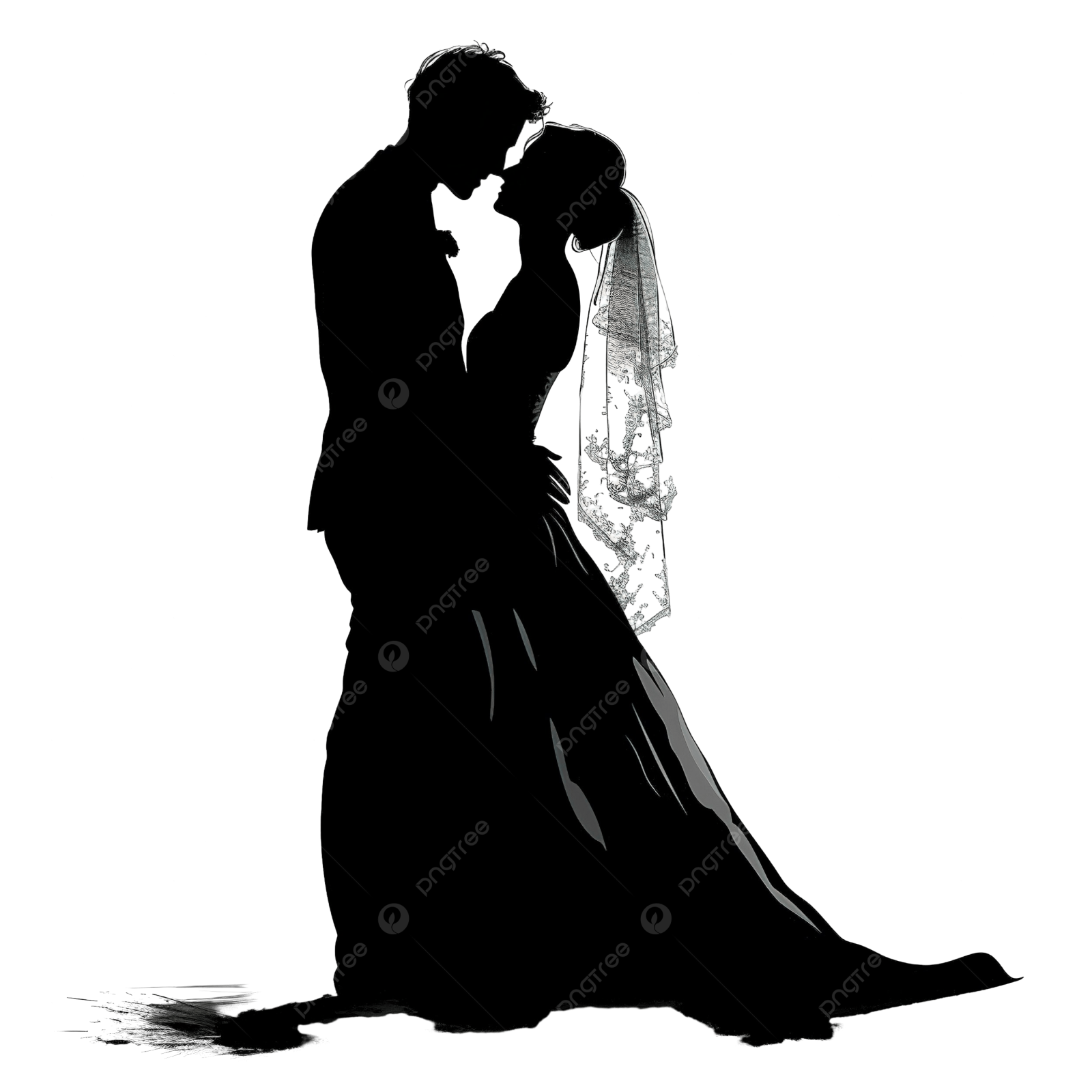 a silhouette of a bride and groom kissing