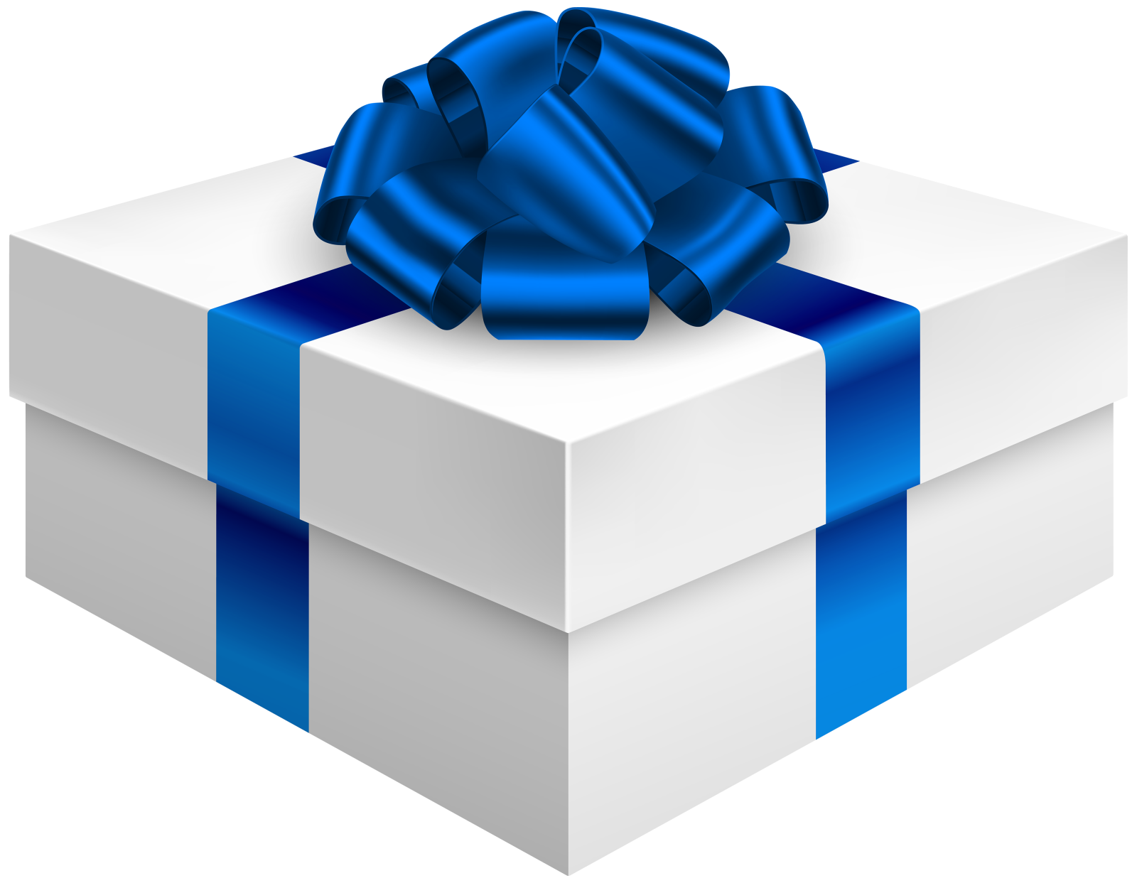 a white gift box with blue ribbon and bow