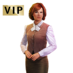 a woman wearing a brown vest and white shirt