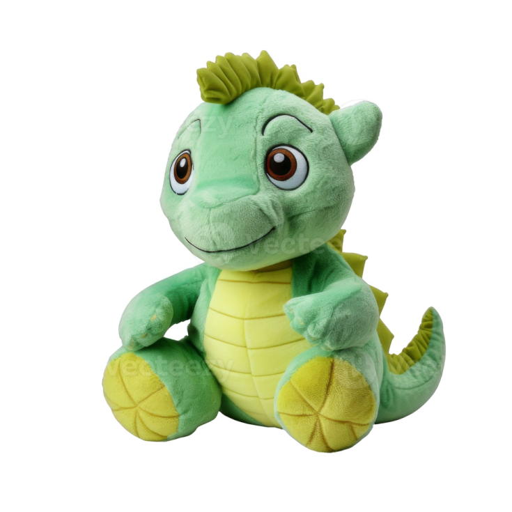 a green and yellow stuffed dragon sitting on the ground