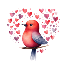 a red bird sitting on a branch with hearts in the background