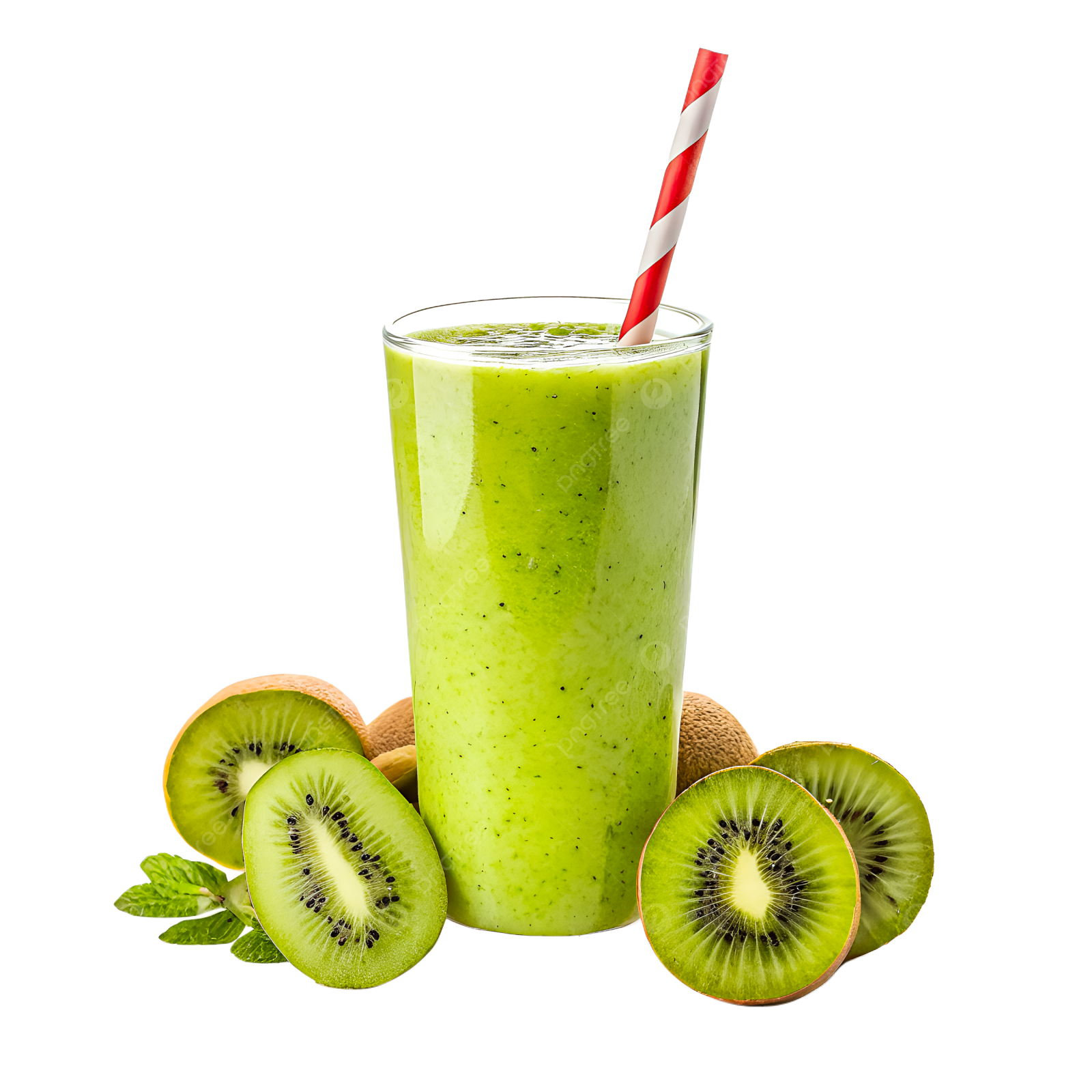 a glass filled with green smoothie next to sliced kis