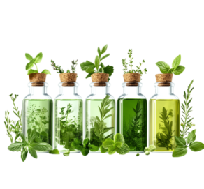 three bottles filled with different types of herbs