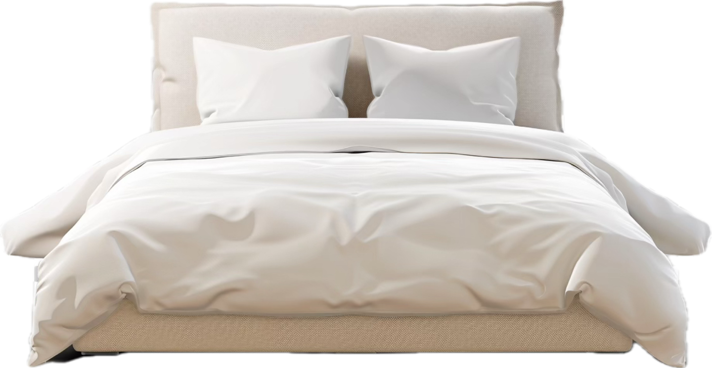 a bed with white sheets and pillows