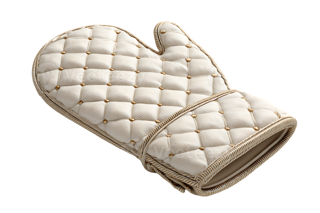 a white oven mit with gold buttons on it