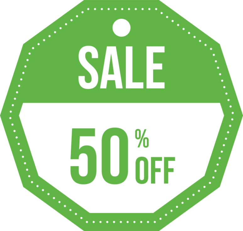 a green sale tag with the word sale 50 % off