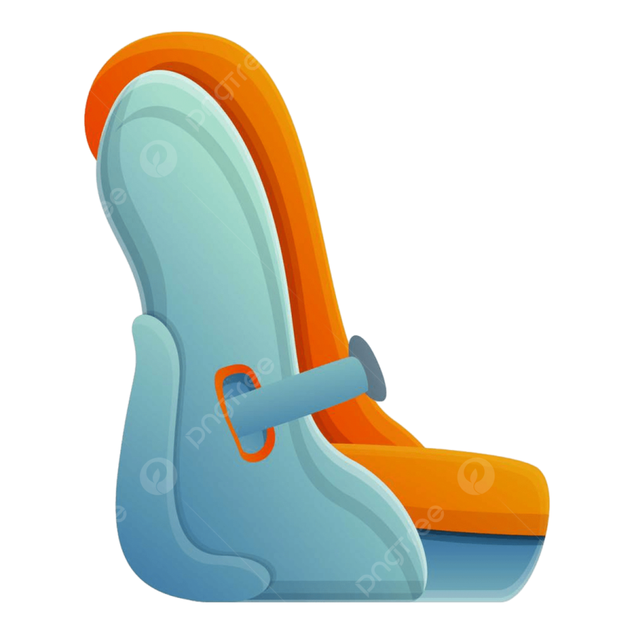 an orange and blue car seat on a white background