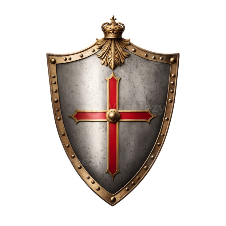 a medieval shield with a red cross on it