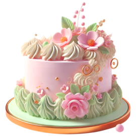 a pink and green cake with flowers on top