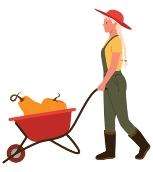 a woman pushing a red wheelbark