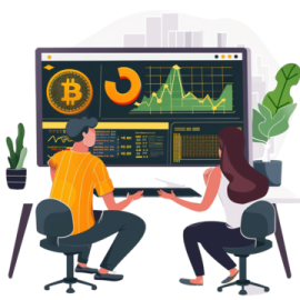 two people sitting in front of a computer with bitcoin on the screen