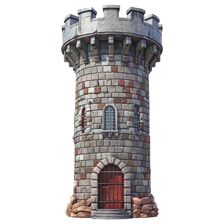 a stone tower with a red door on top