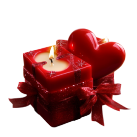 a red heart shaped candle with a bow around it