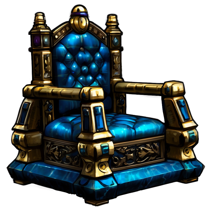 a blue chair with gold accents
