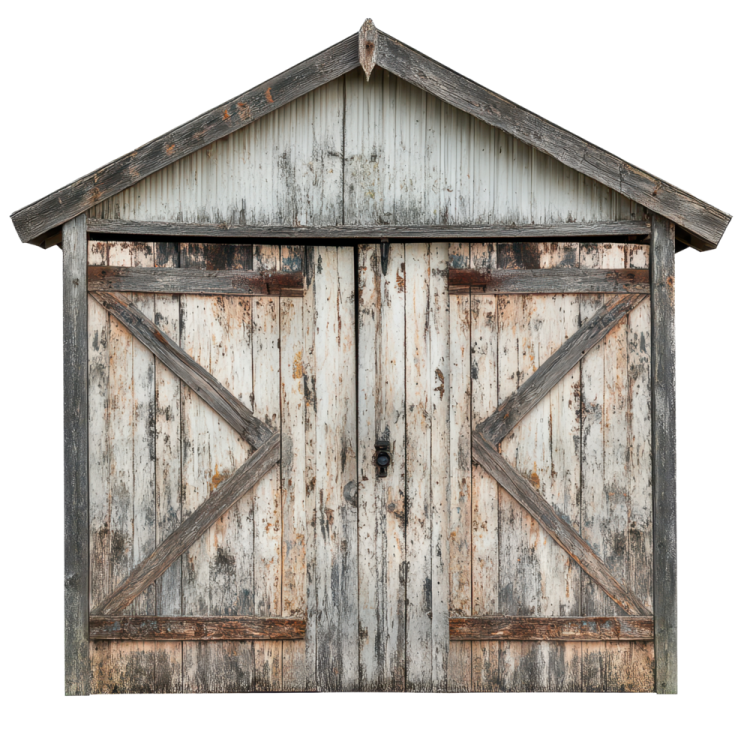 an old wooden shed with two open doors